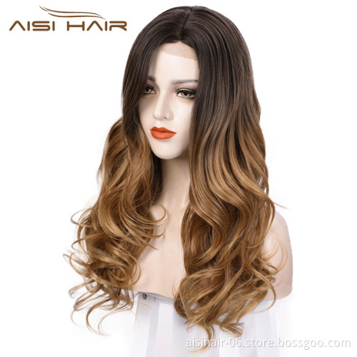 Ombre Brown Curly Wave Hot Selling Wholesale Cheap Vedor Swiss Lace Synthetic Hair For Black Women Lace Front Wig